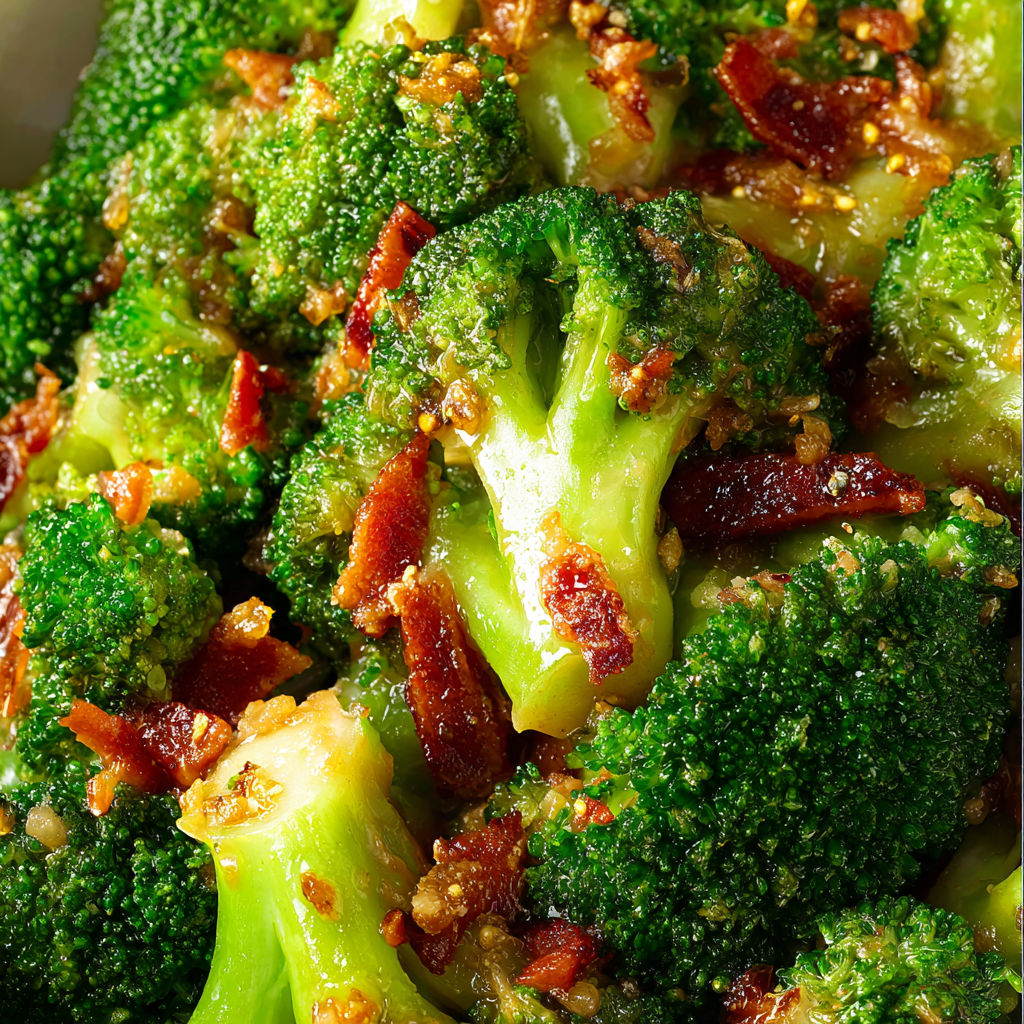 A close up of broccoli with garlic sauce and bacon.