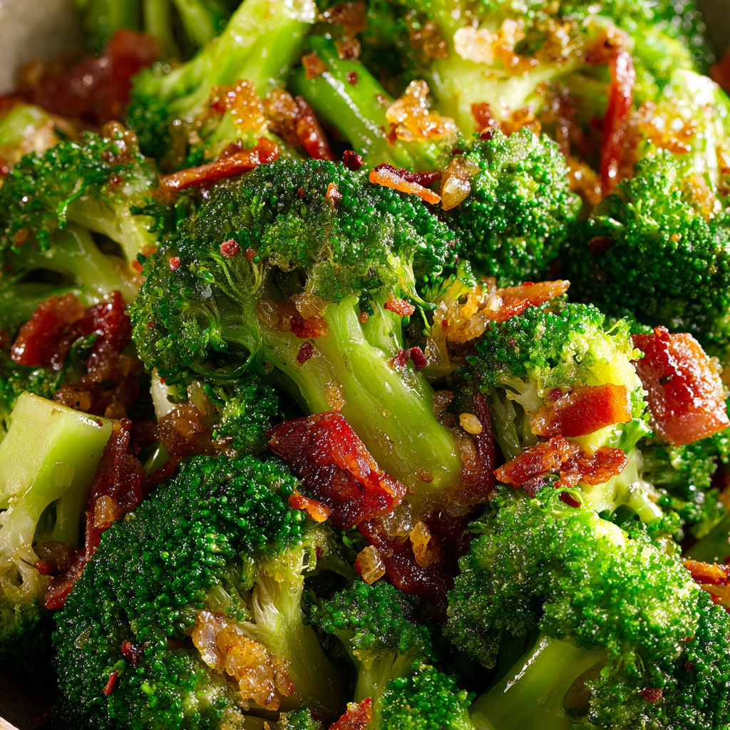 A close up of a plate of broccoli with bacon.