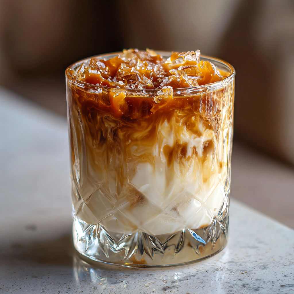 A glass of coffee with a caramel sauce on top.