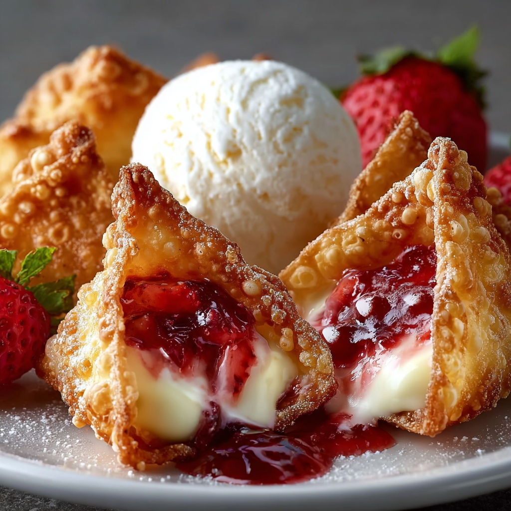 A plate of strawberry cheesecake wontons.