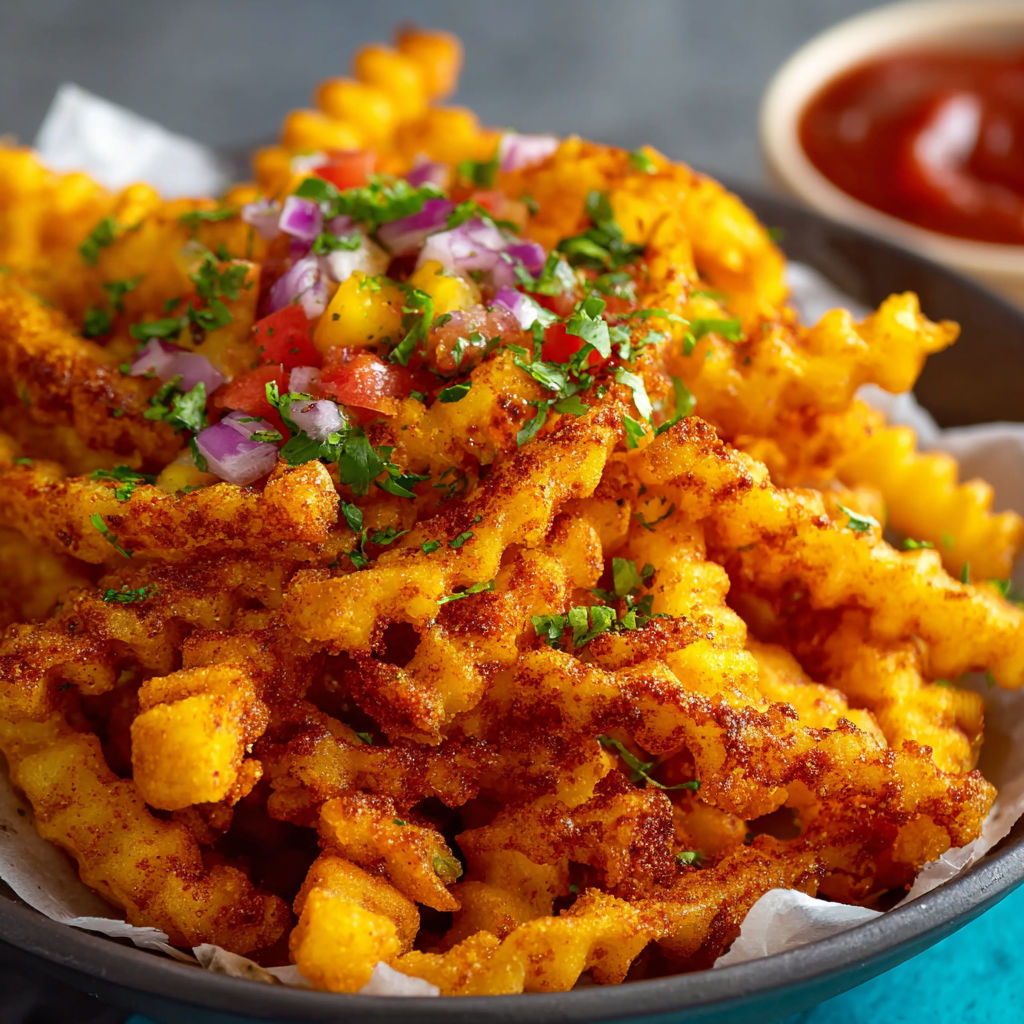 A bowl of nacho fries with a side of ketchup.