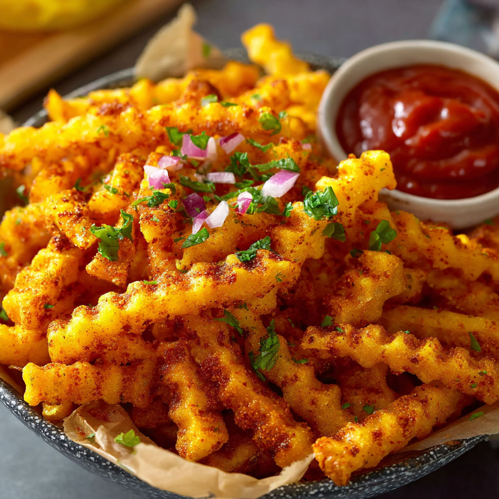 A bowl of fries with ketchup.
