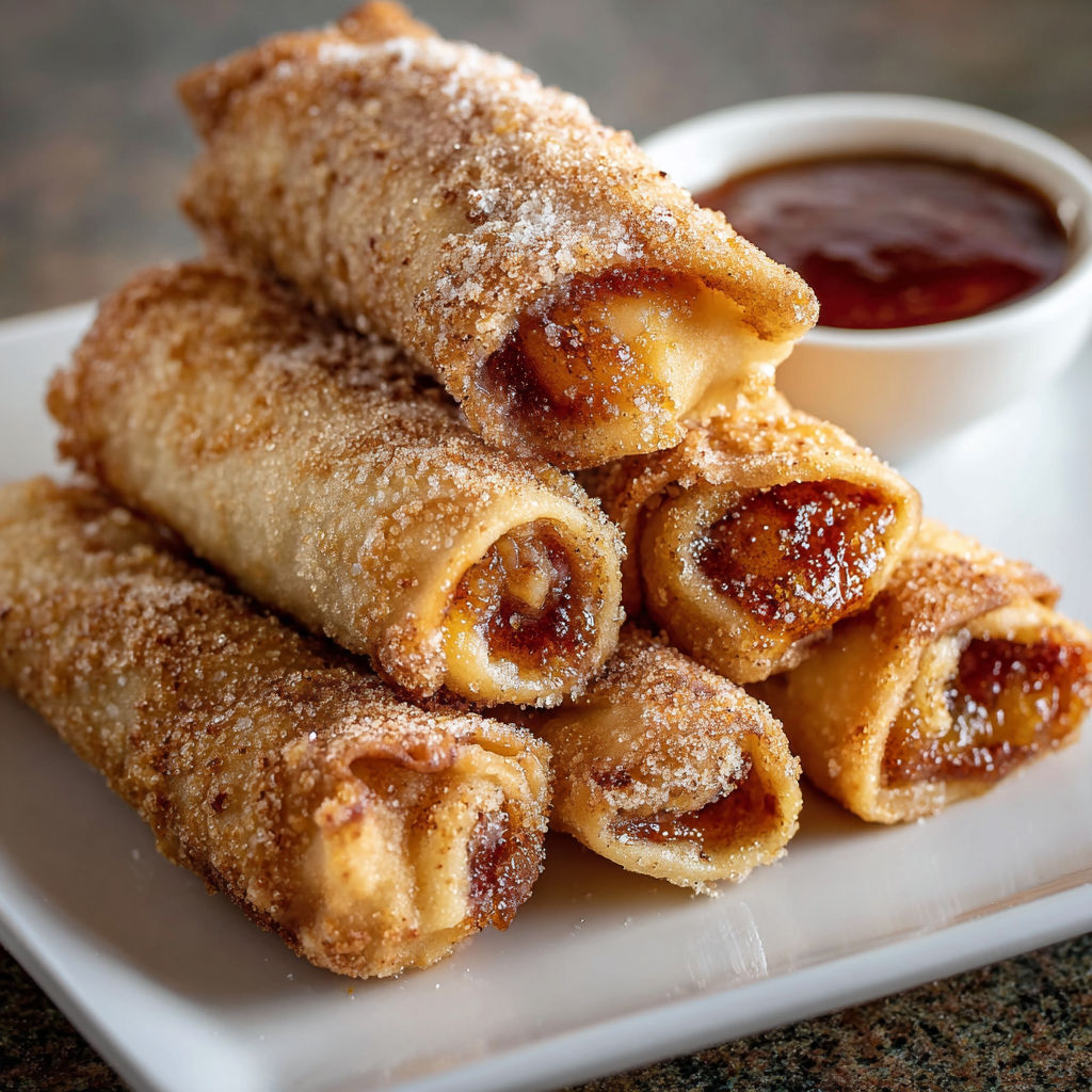 A plate of peach cobbler egg rolls.