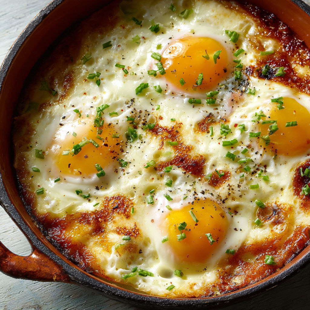 A bowl of creamy baked eggs with a sprig of parsley on top.
