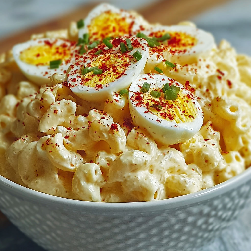 A bowl of macaroni salad with eggs.