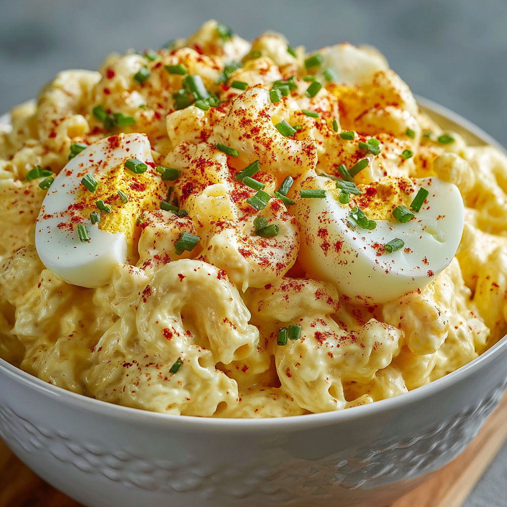 A bowl of macaroni and cheese with eggs and red peppers.