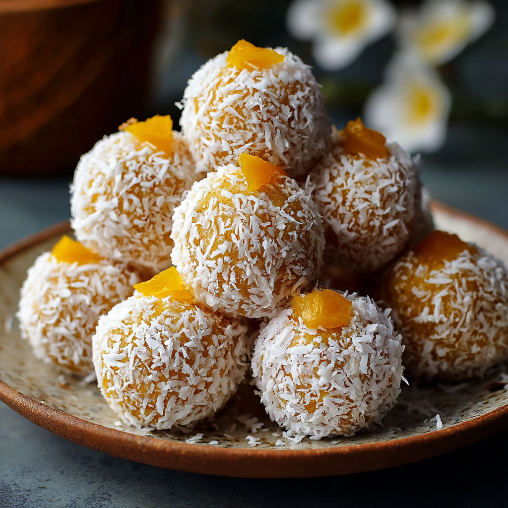 A plate of coconut balls with orange toppings.
