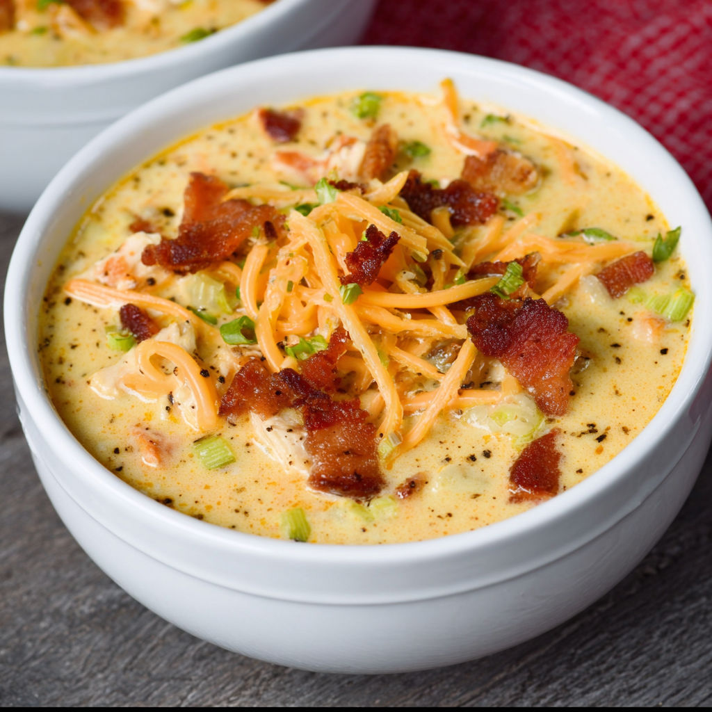 A bowl of creamy crack chicken soup with bacon bits.