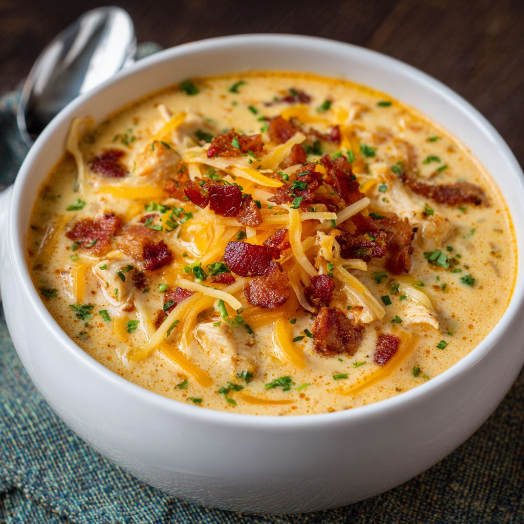 A bowl of soup with bacon and cheese.
