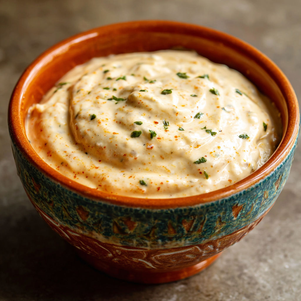 A bowl of garlic sauce with sour cream.