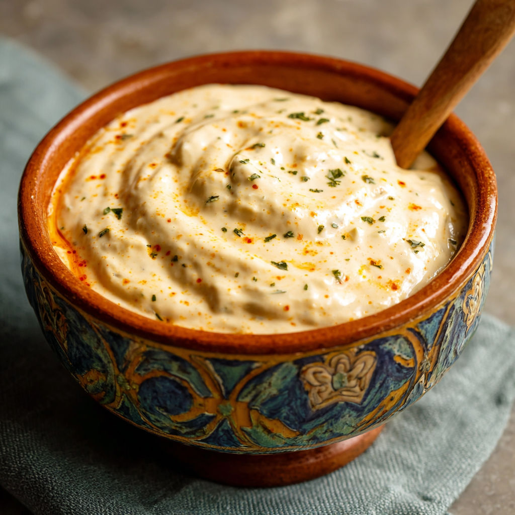 A bowl of soup with a wooden spoon in it.