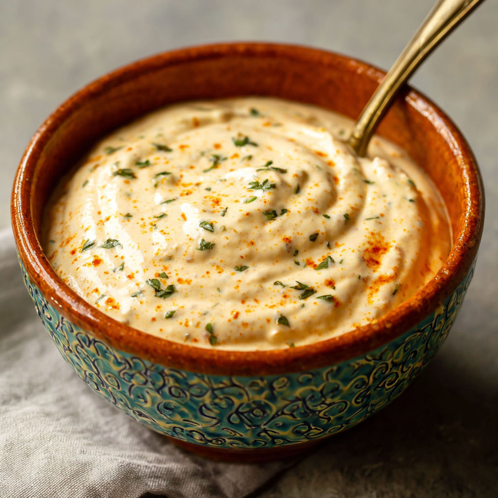 A bowl of soup with a spoon in it.