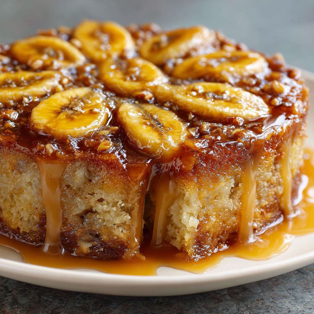 A slice of banana upside down cake.