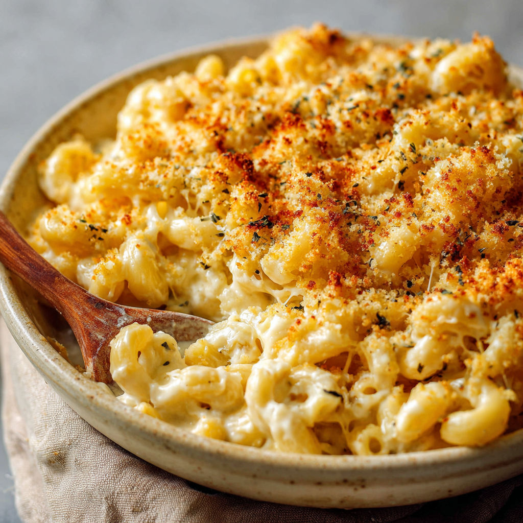 A bowl of macaroni and cheese with a wooden spoon in it.