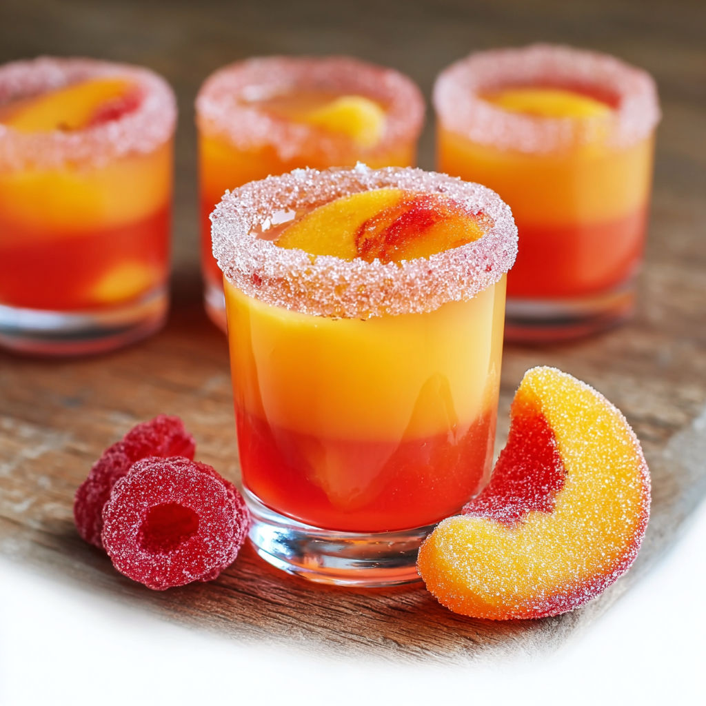 A glass of peach ring pop shots.