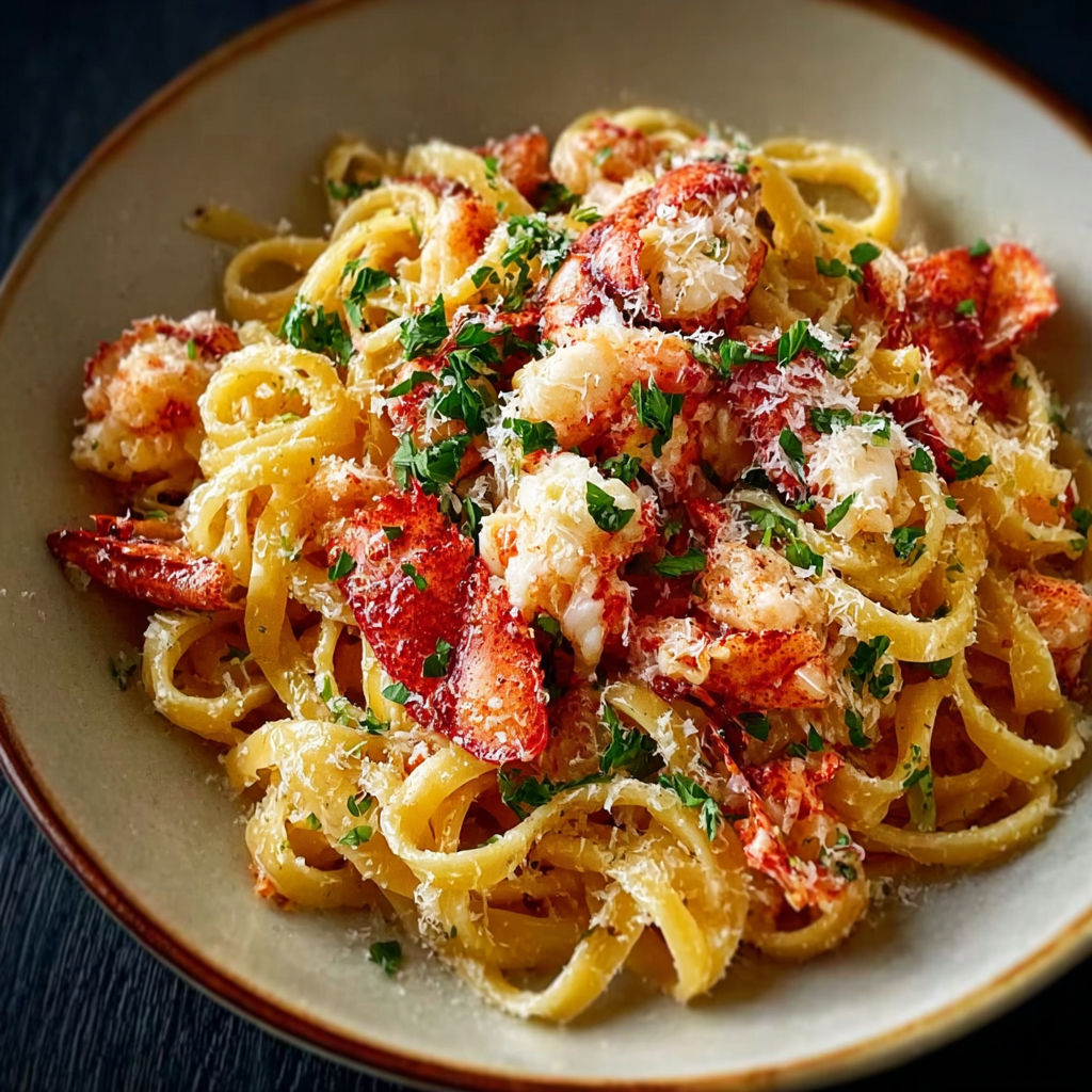 A bowl of pasta with lobster and cheese.