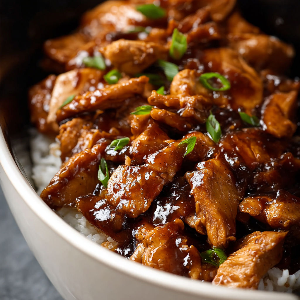 A bowl of chicken with sauce.