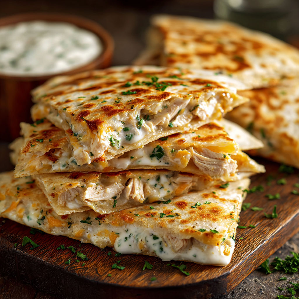 A stack of chicken quesadillas with a bowl of sour cream on the side.