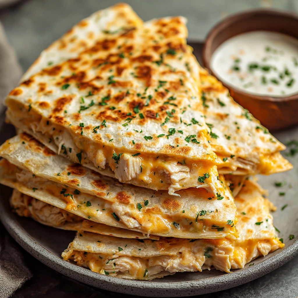 A stack of chicken quesadillas with cheese and ranch dressing.
