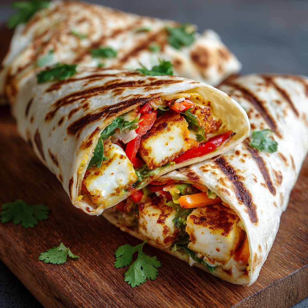 A vegetable wrap on a wooden table.