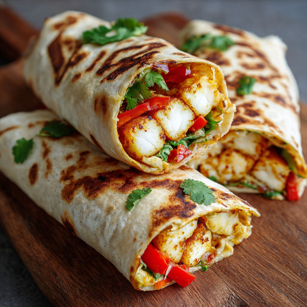 A burrito with fish and vegetables.