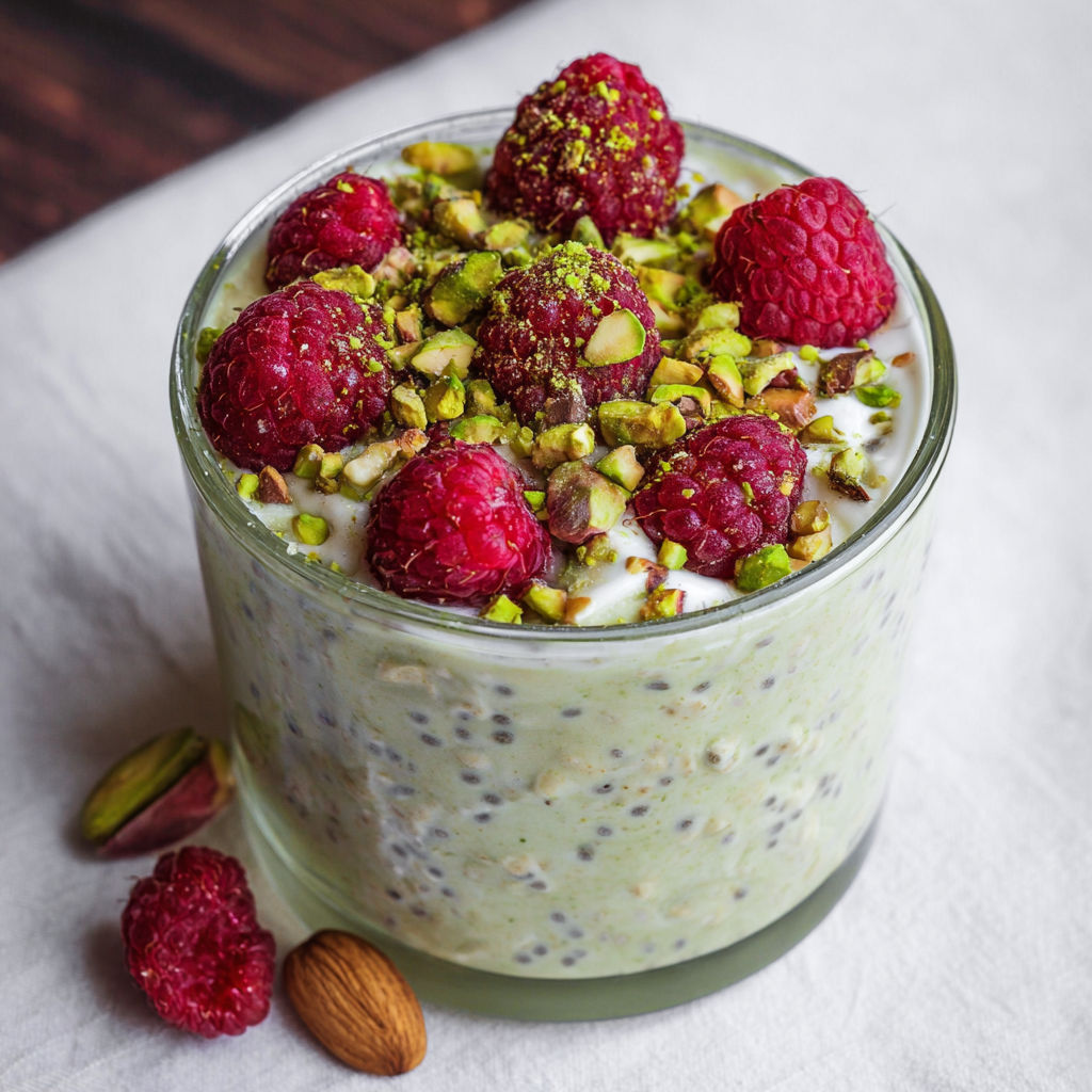 A glass of pistachio overnight oats with raspberries on top.