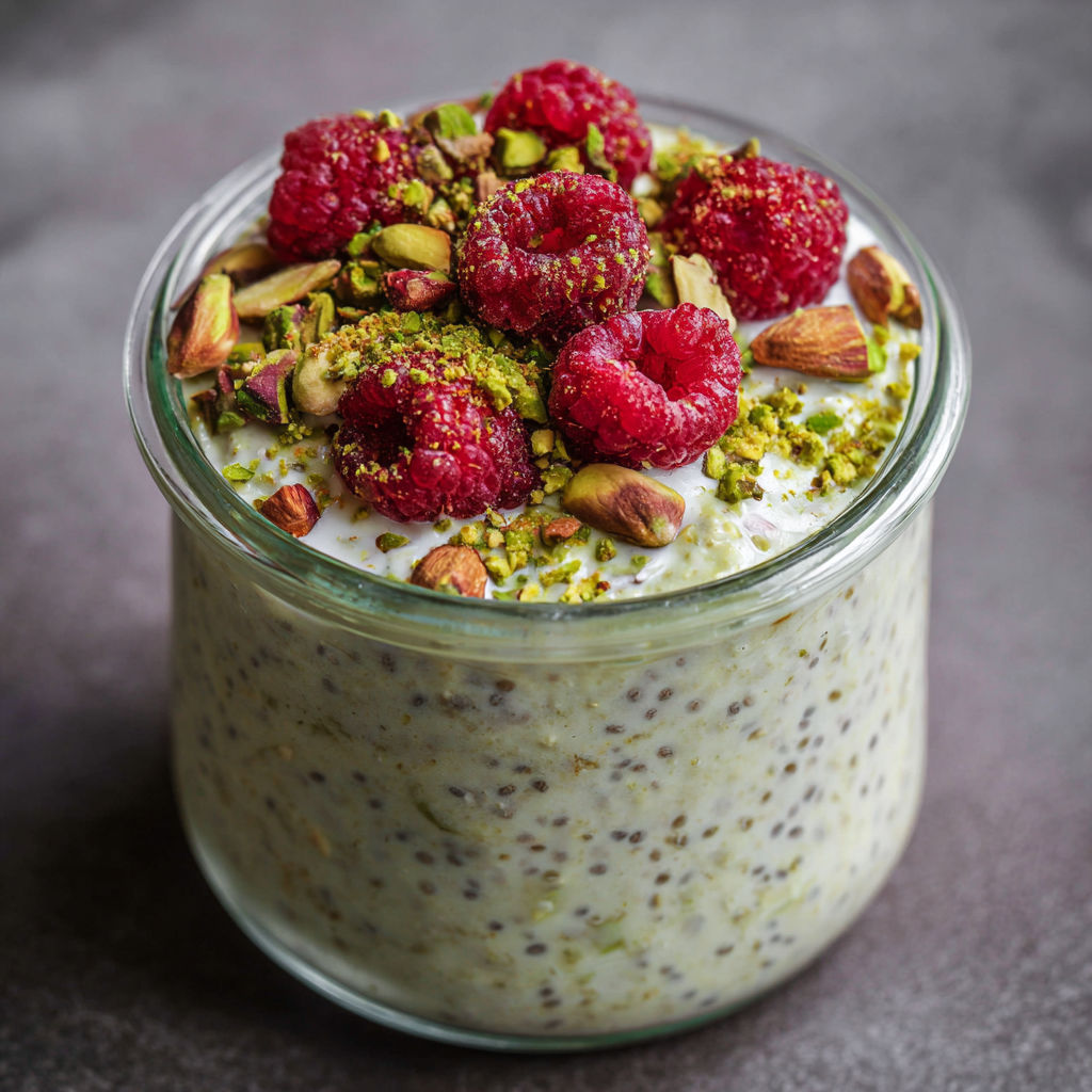 A glass bowl filled with pistachio overnight oats.