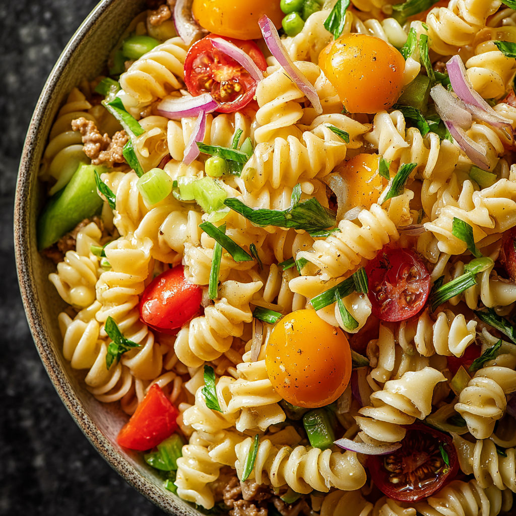 A bowl of pasta salad with tomatoes, onions, and meat.