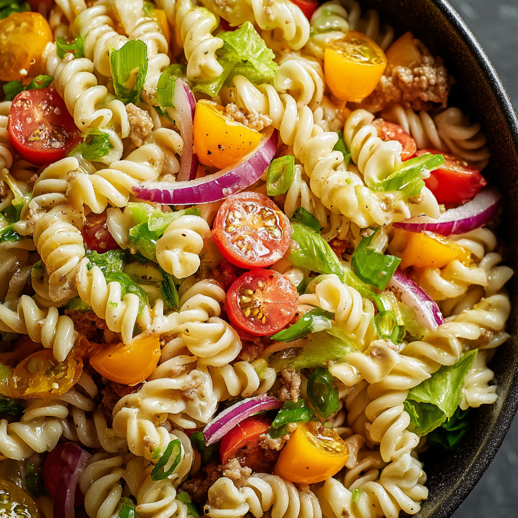A bowl of pasta with tomatoes, onions, and meat.