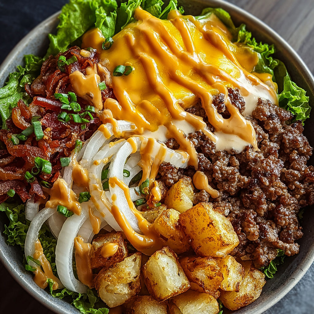 A savory smash burger bowl with onions, potatoes, and bacon.