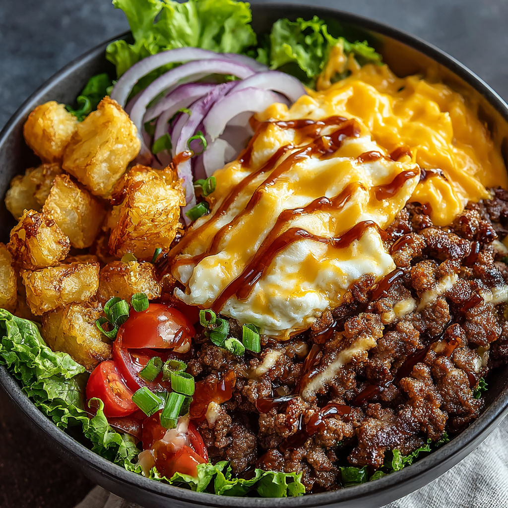 A bowl of food with meat, cheese, and vegetables.