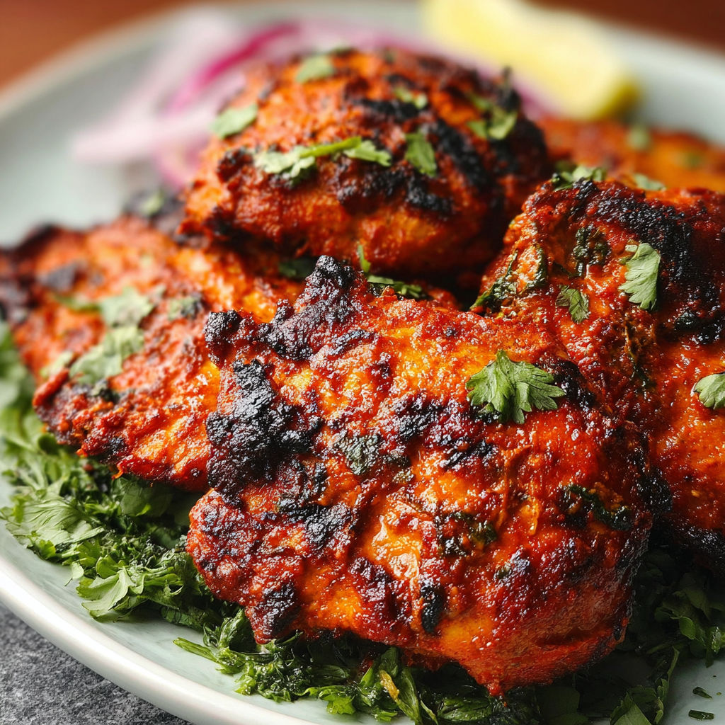 A plate of tandoori chicken with onions and lime.