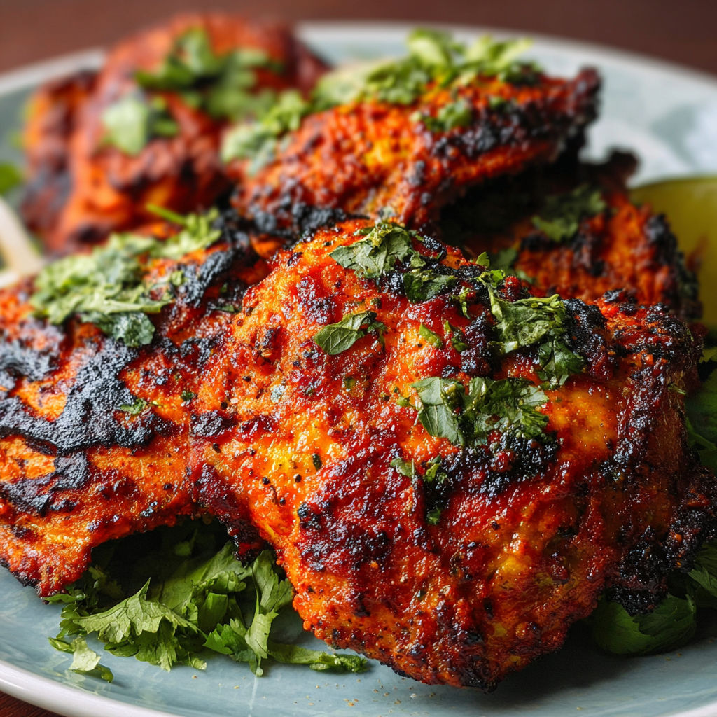 A plate of chicken with green herbs on top.