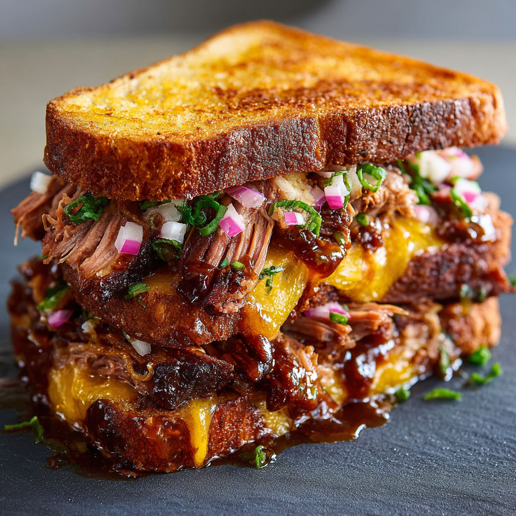 A sandwich with meat and vegetables on a black plate.