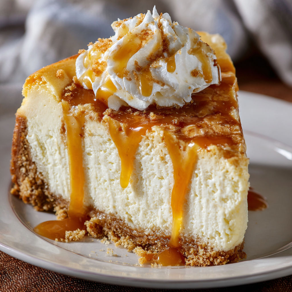 A slice of cheesecake with caramel drizzled on top.