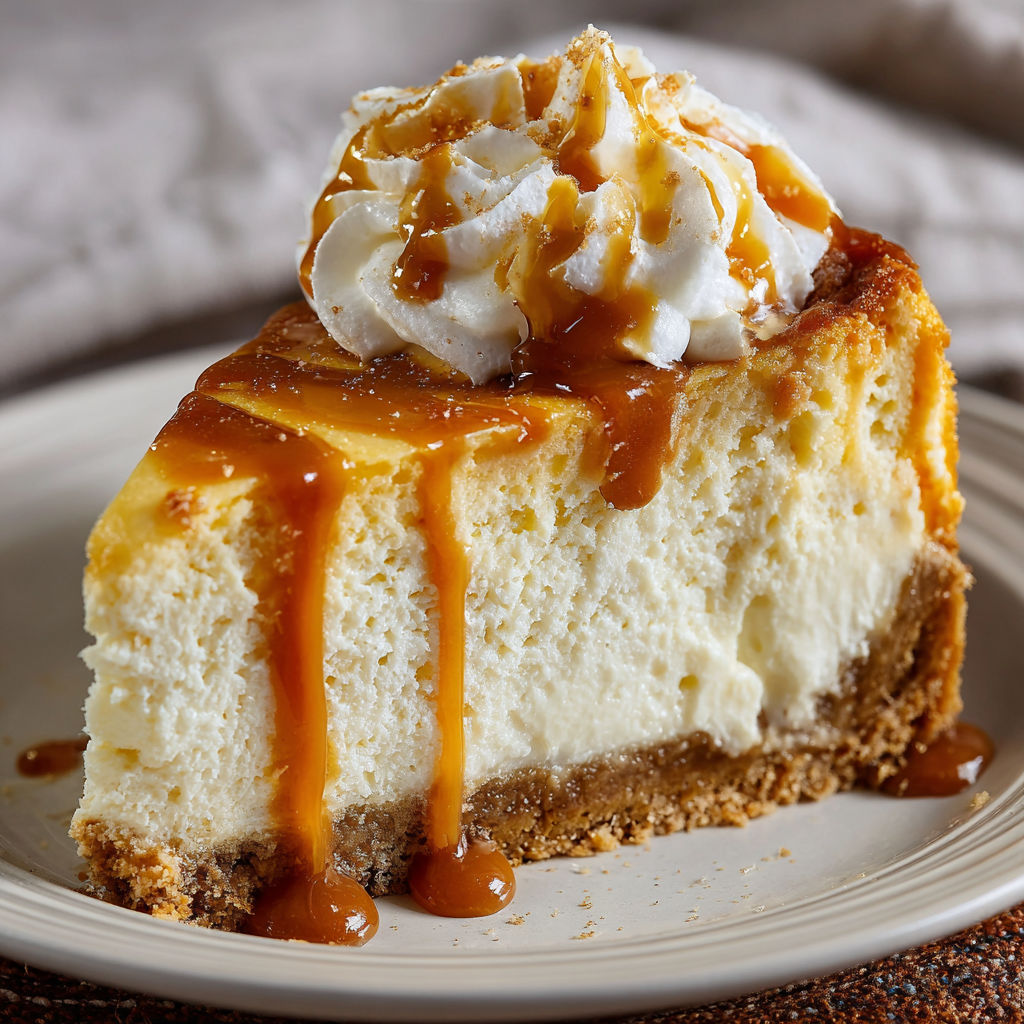 A slice of cheesecake with caramel drizzled on top.