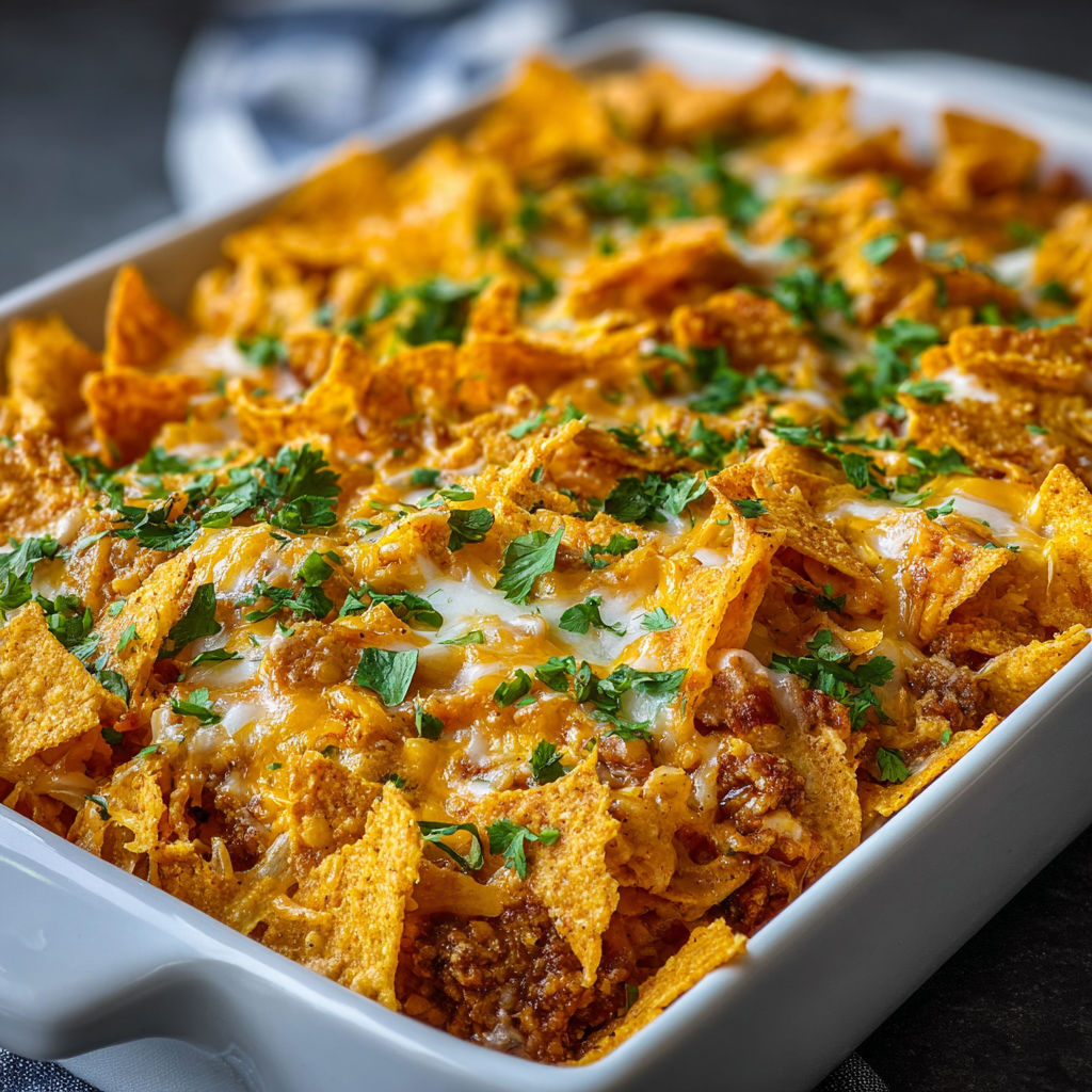 A white dish filled with Doritos and meat.