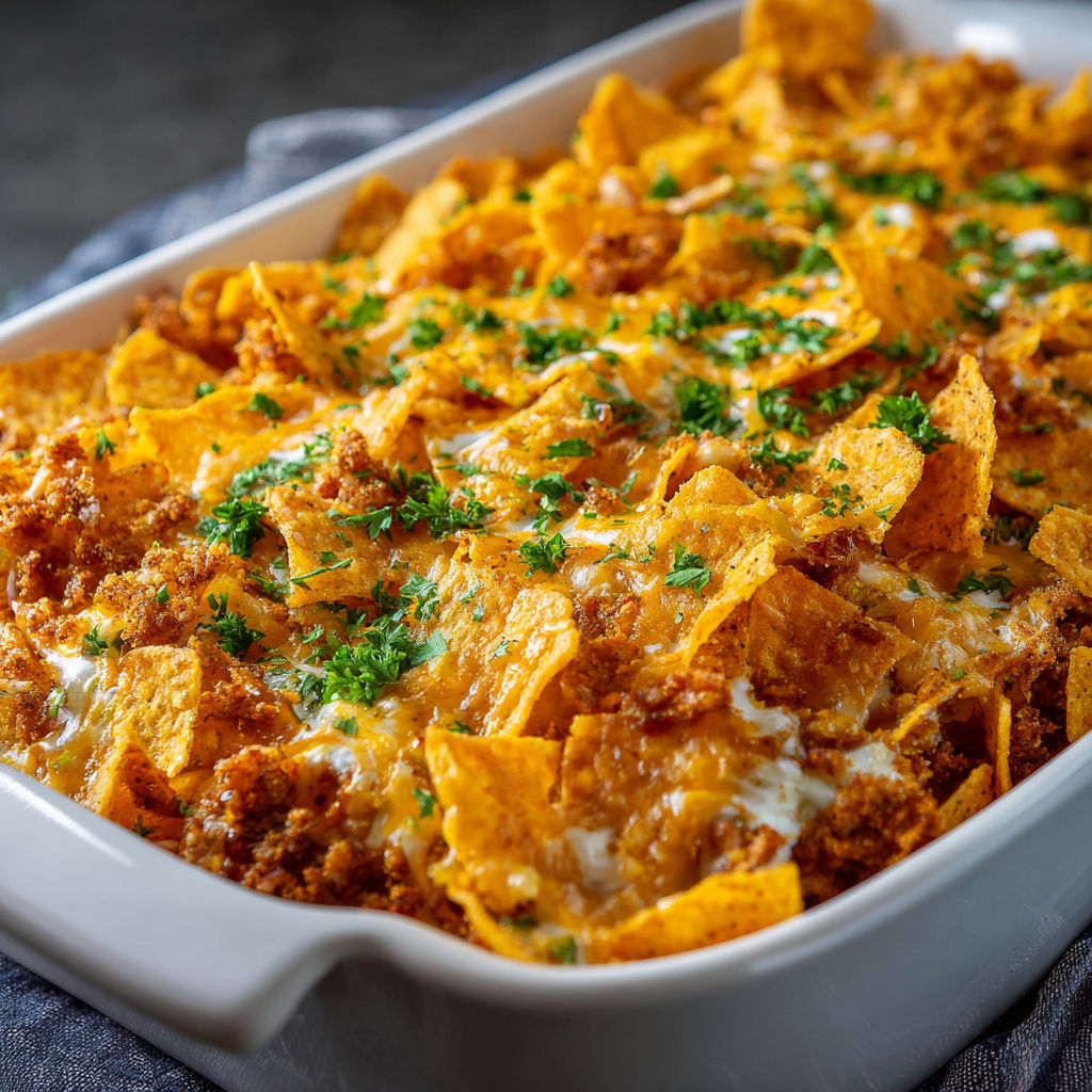 A white dish with a casserole of Doritos and cheese.