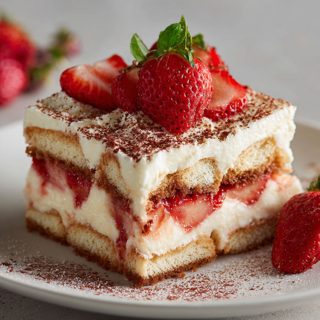 A slice of strawberry tiramisu on a plate.