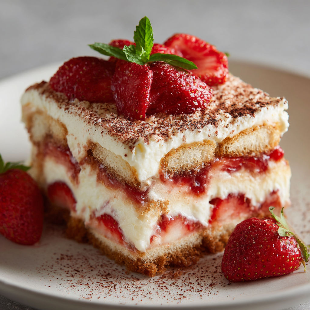 A slice of cake with strawberries on top.