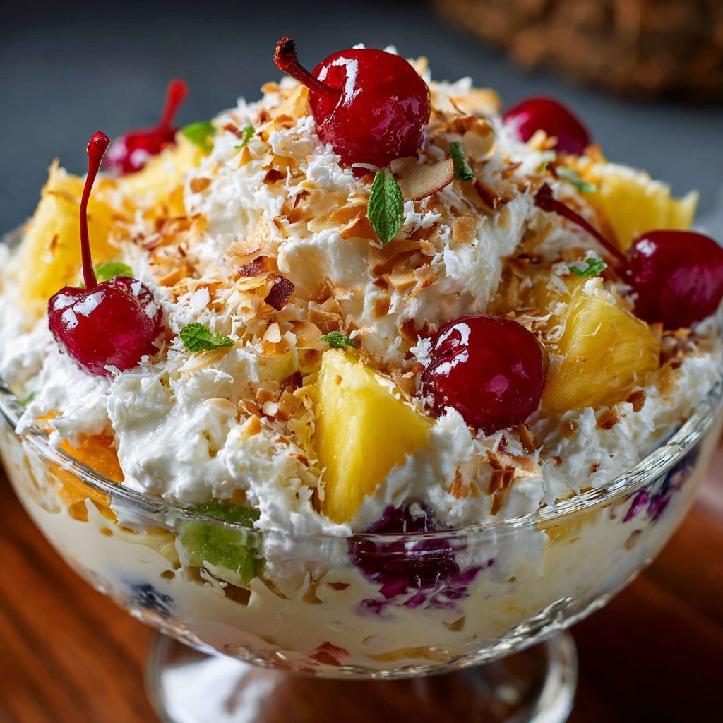 A bowl of fruit salad with pineapple, cherries, and coconut.