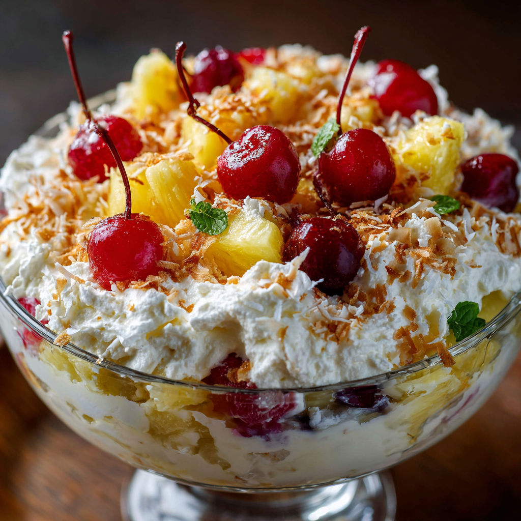 A bowl of fruit salad with pineapple, cherries, and coconut.