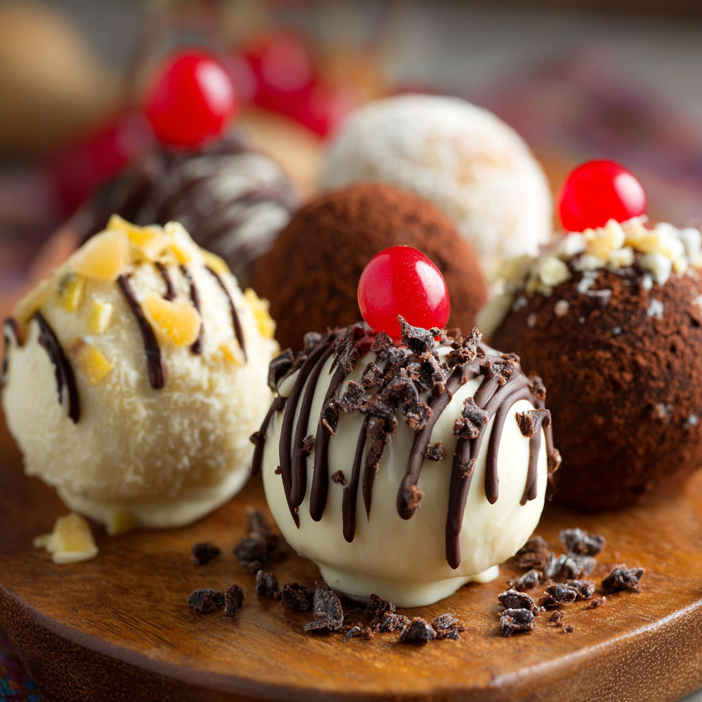 Three chocolate truffles with bananas and cherries on top.