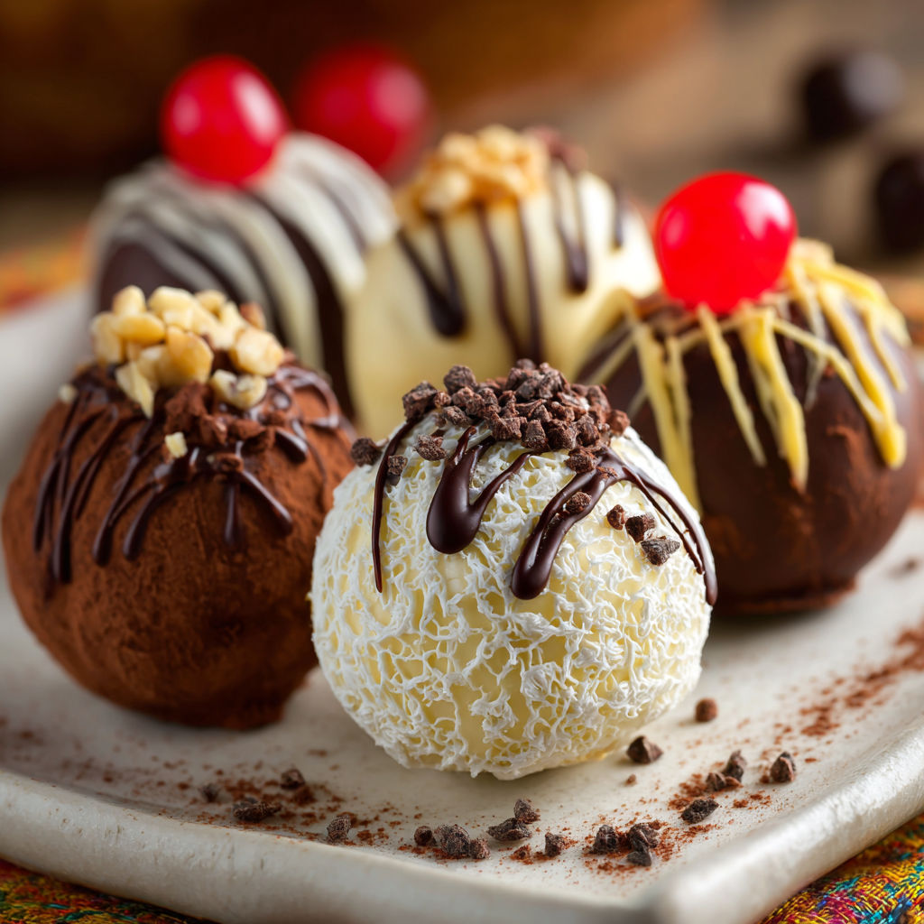 A plate of chocolate and white desserts.