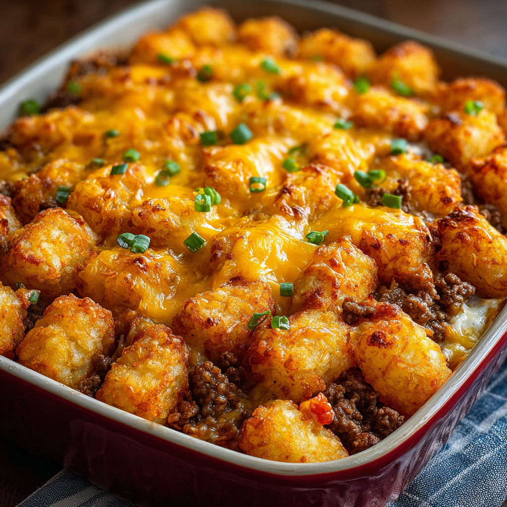 A dish of food with a lot of cheese and tater tots.