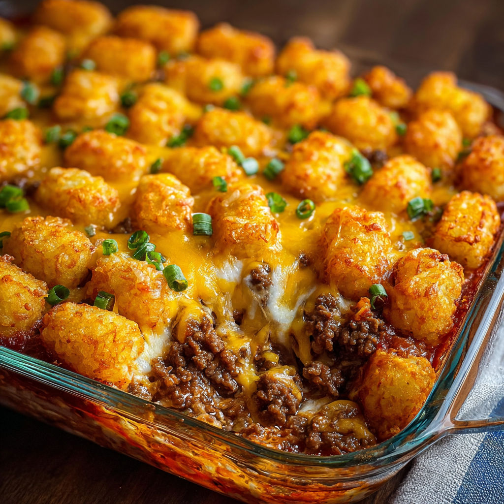 A dish of food with a close up of a tater tot.