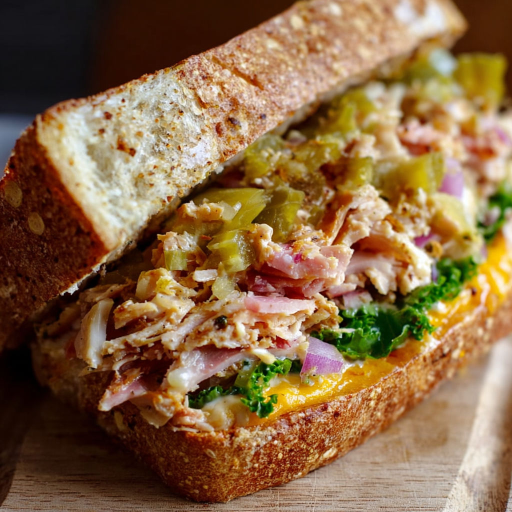 A Cuban Chopped Grinder Sandwich with meat, cheese, and vegetables.