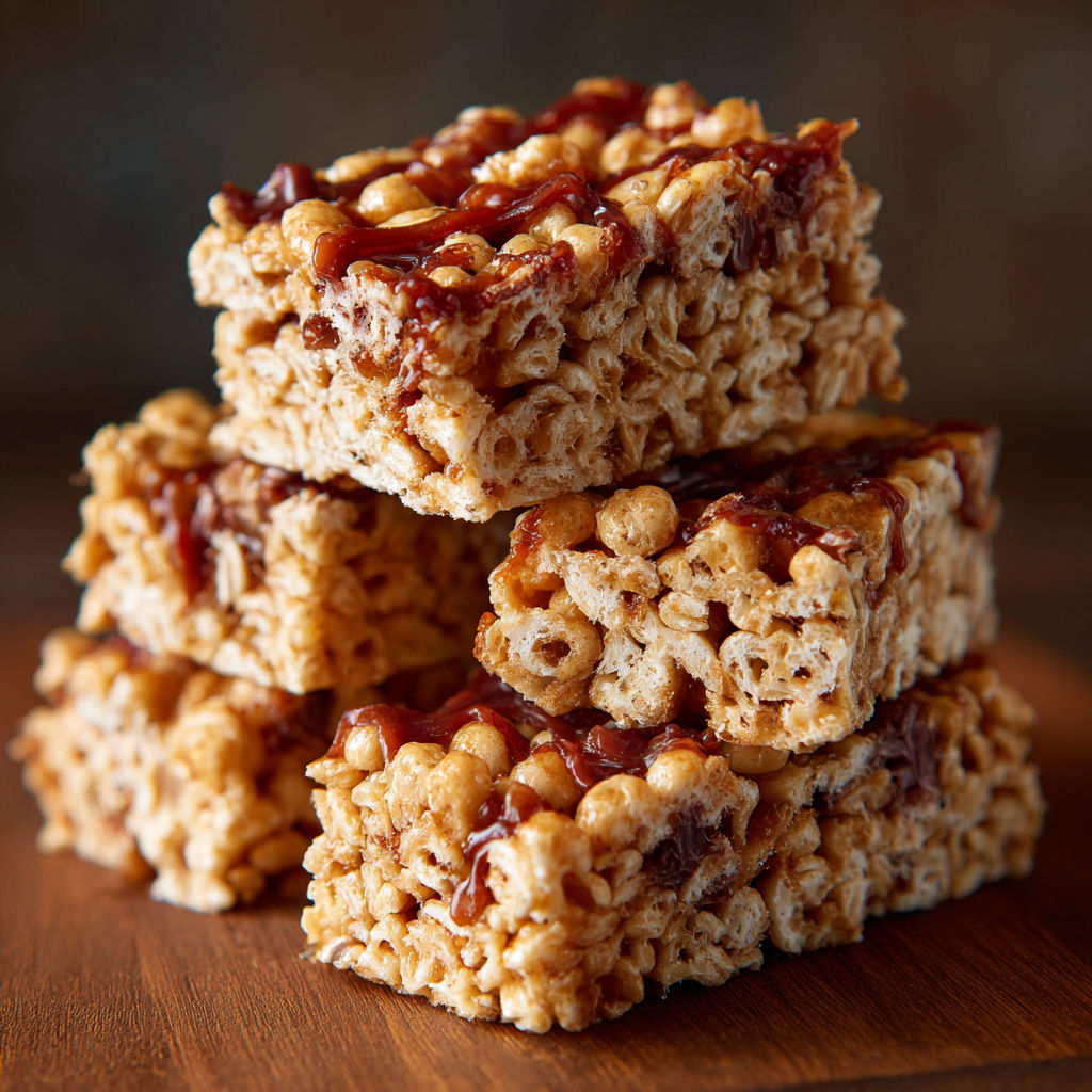 A stack of cereal bars with caramel sauce.