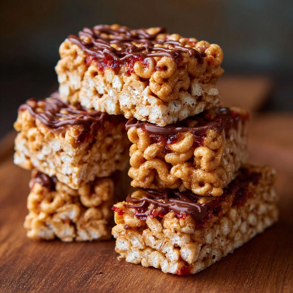 A stack of cereal bars with chocolate and marshmallows.