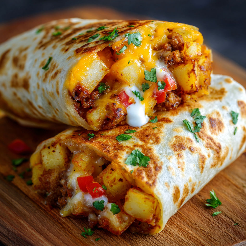 A burrito with cheese and potatoes.